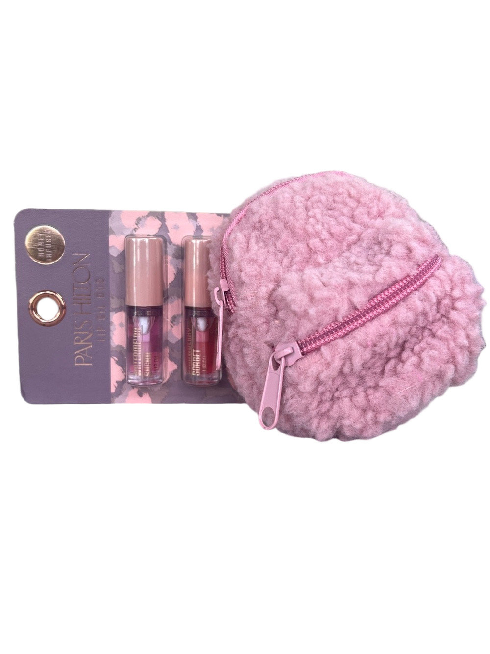 Paris Hilton Pink Lip Gloss Duo with Pink Sherpa Pouch Bag Clip